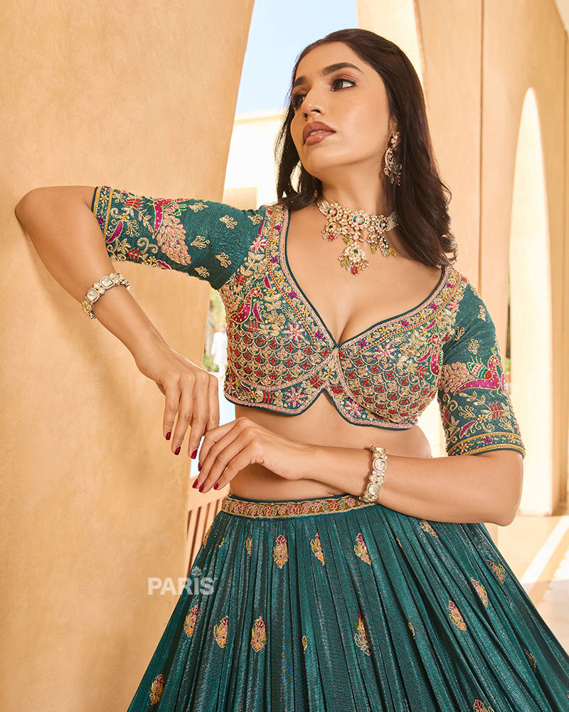 Teal Golden and Pink Embroidery Embellished Lehenga Choli with Matching Dupatta