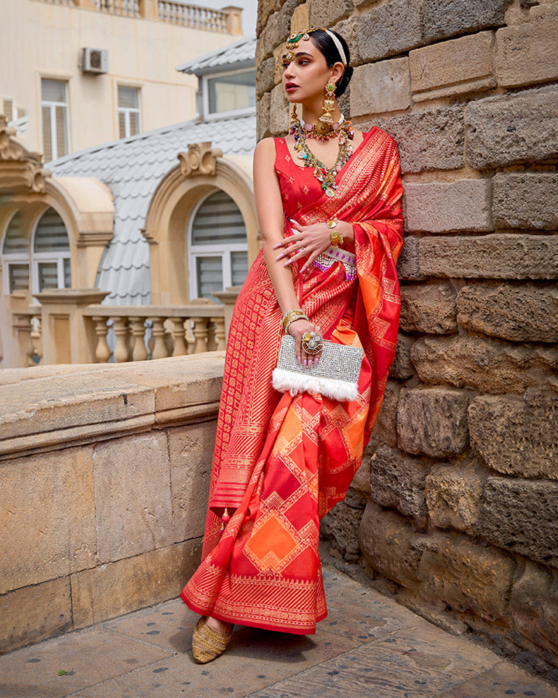 Bright Red Cotton Silk Pure Patola Saree with Unstitched Blouse