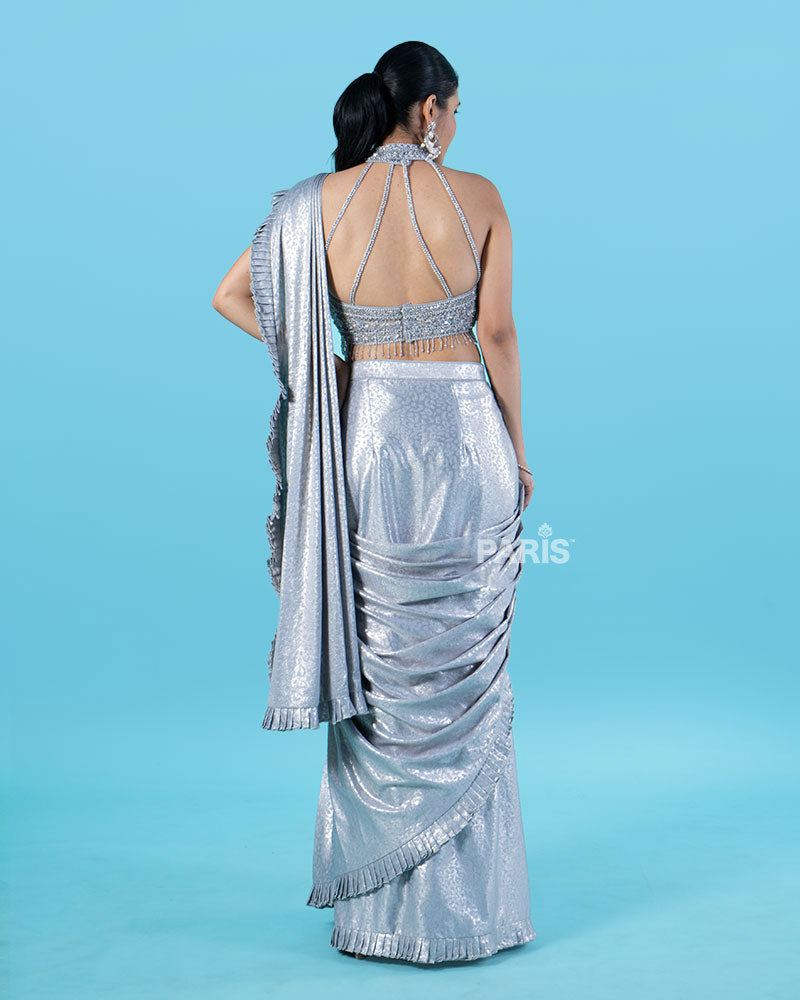 Sparkly Silver Pre-Draped Saree with Metal Mesh Halter Blouse