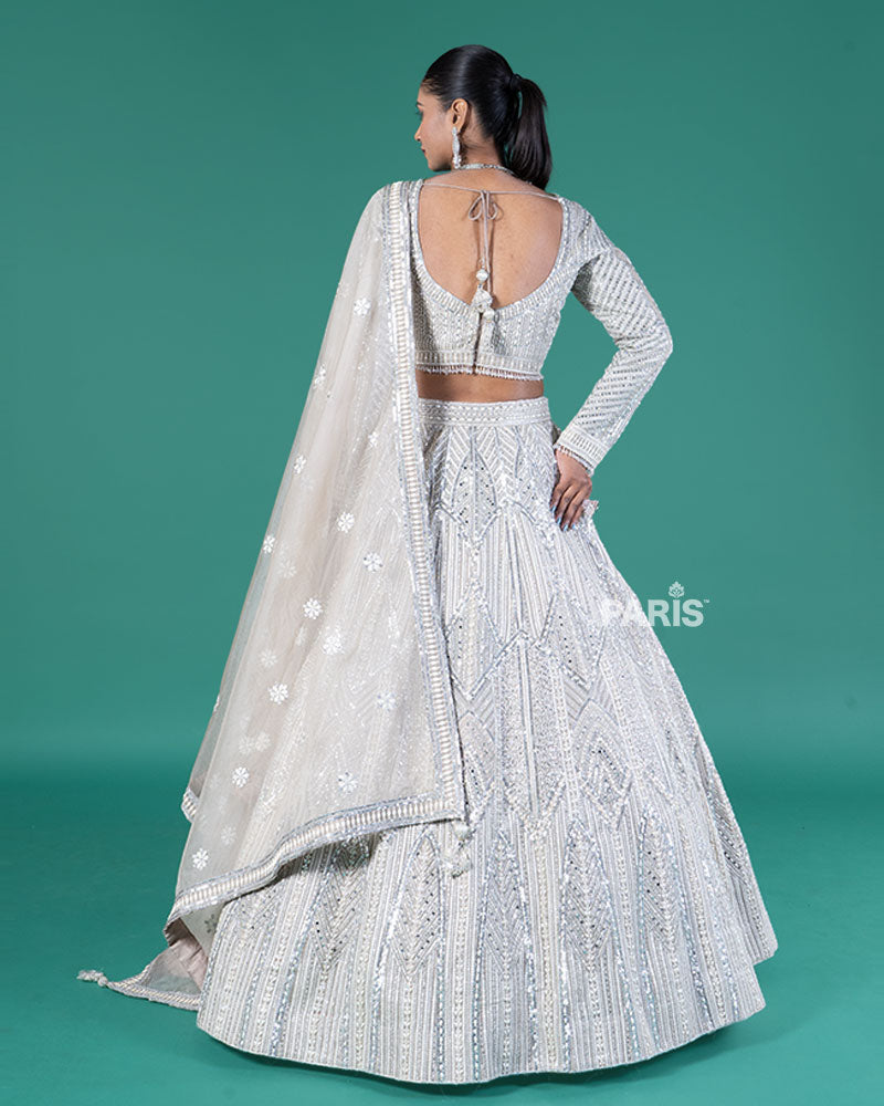 Beige Silver Embellished Lehenga Choli with Embroidered Dupatta