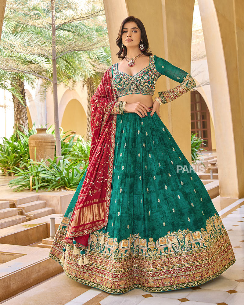 Dark Green Elephant Motif Intricate Embroidered Lehenga Choli with Maroon Dupatta