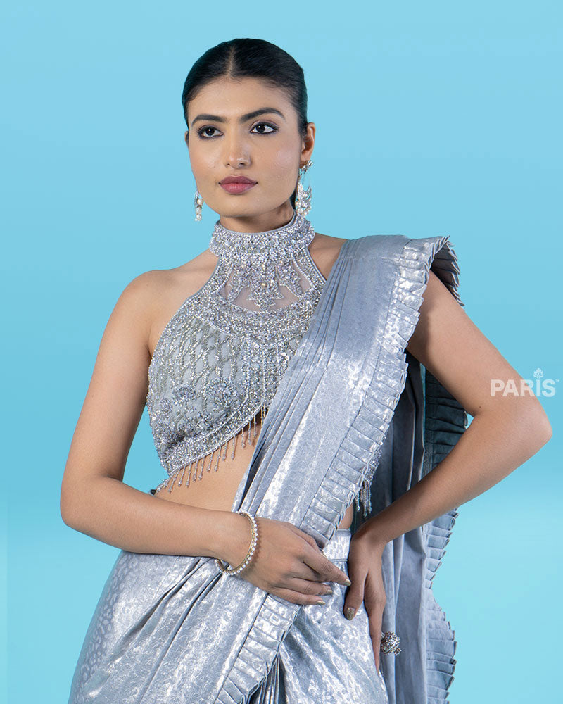 Sparkly Silver Pre-Draped Saree with Metal Mesh Halter Blouse