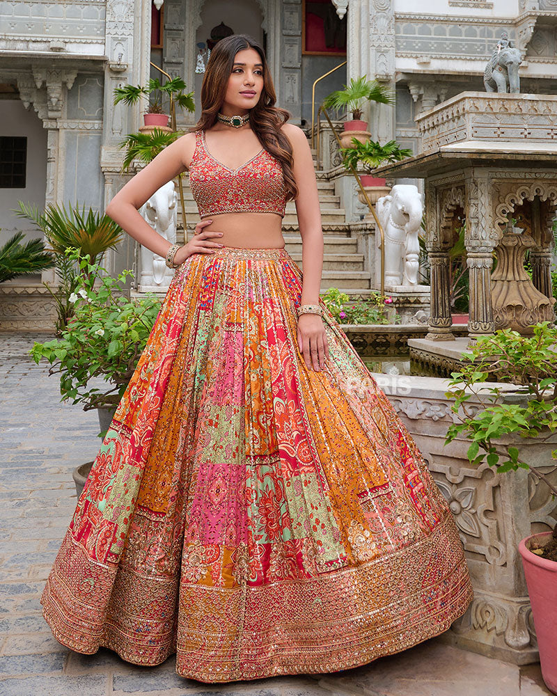 Multi Color Sequin Striped Lehenga Choli with Red Dupatta