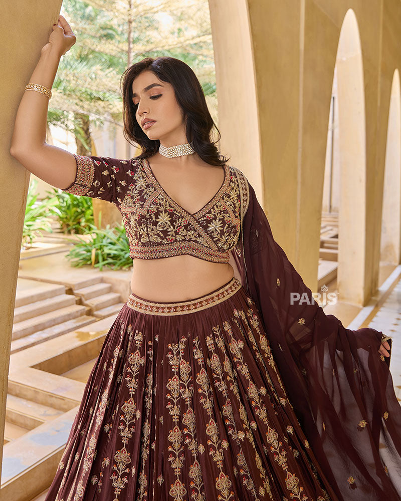 Maroon Golden Detailing Embroidered Lehenga Choli with Matching Dupatta