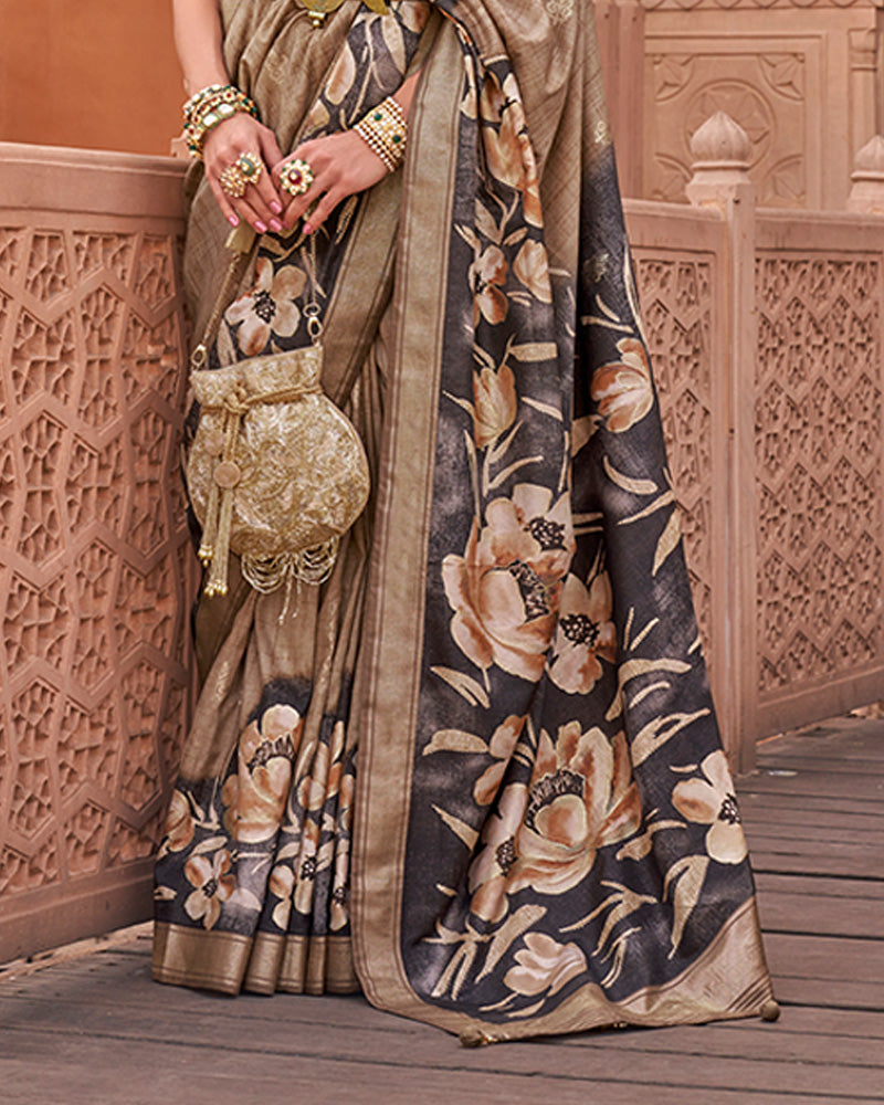 Beige Floral Print Cotton Silk Saree With Unstitched Blouse