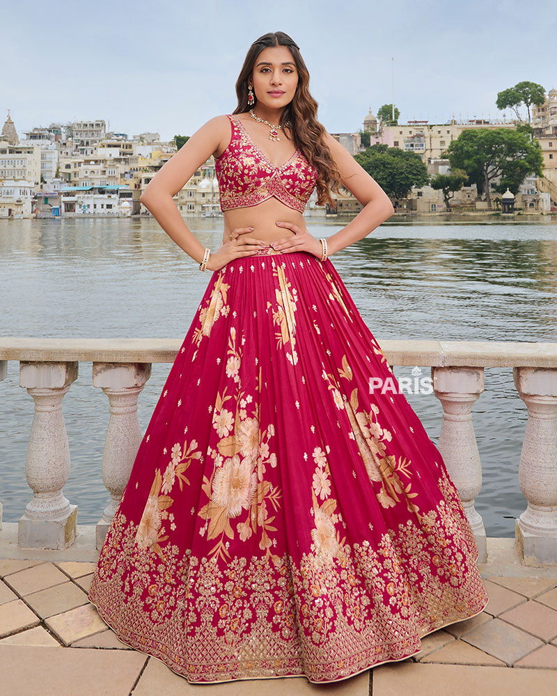 Cherry Red Floral Print Lehenga Choli with Cream Dupatta