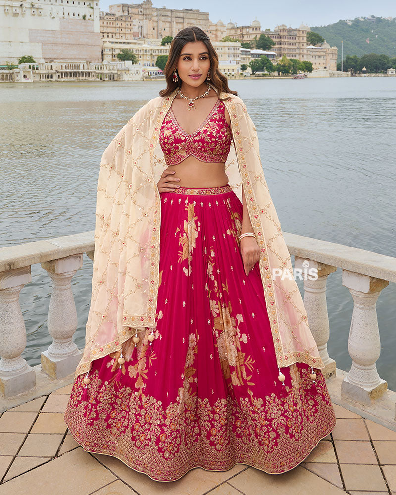 Cherry Red Floral Print Lehenga Choli with Cream Dupatta