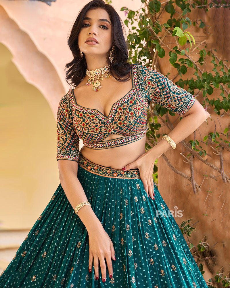 Teal Sequins Embroidered Lehenga Choli with Matching Dupatta