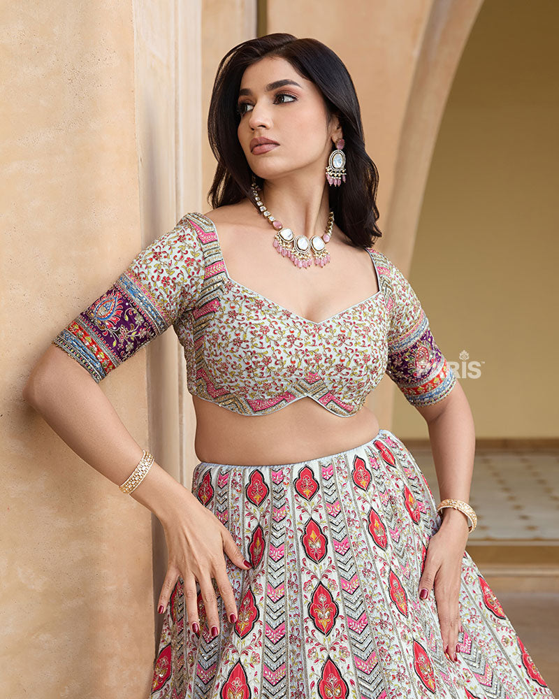 Cream Floral Embroidery Lehenga Choli with Light Gray Dupatta