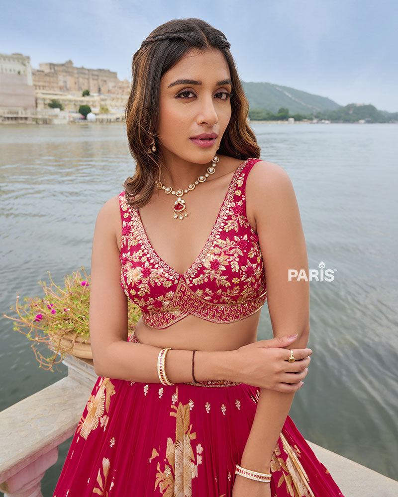 Cherry Red Floral Print Lehenga Choli with Cream Dupatta