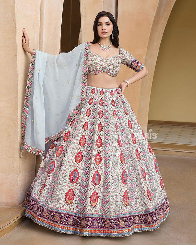 Cream Floral Embroidery Lehenga Choli with Light Gray Dupatta