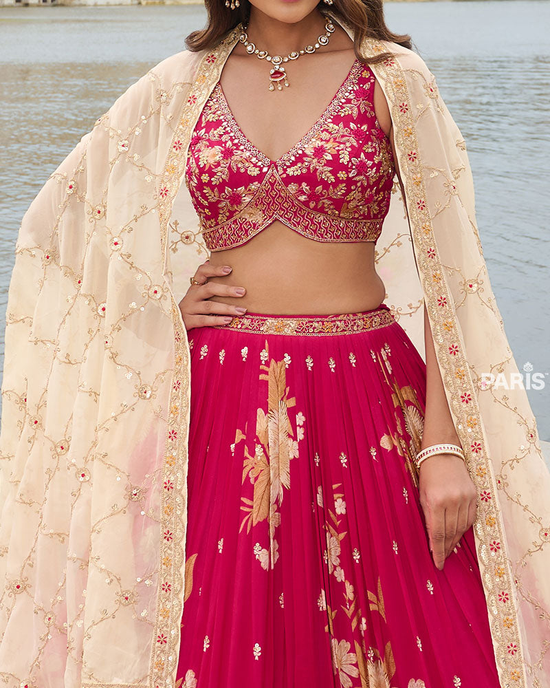 Cherry Red Floral Print Lehenga Choli with Cream Dupatta