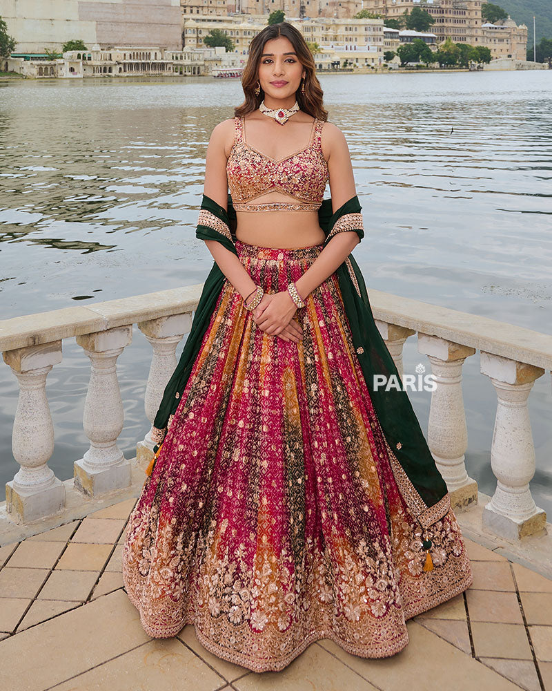 Multi Color Bandhani Print Lehenga Choli with Dark Green Dupatta