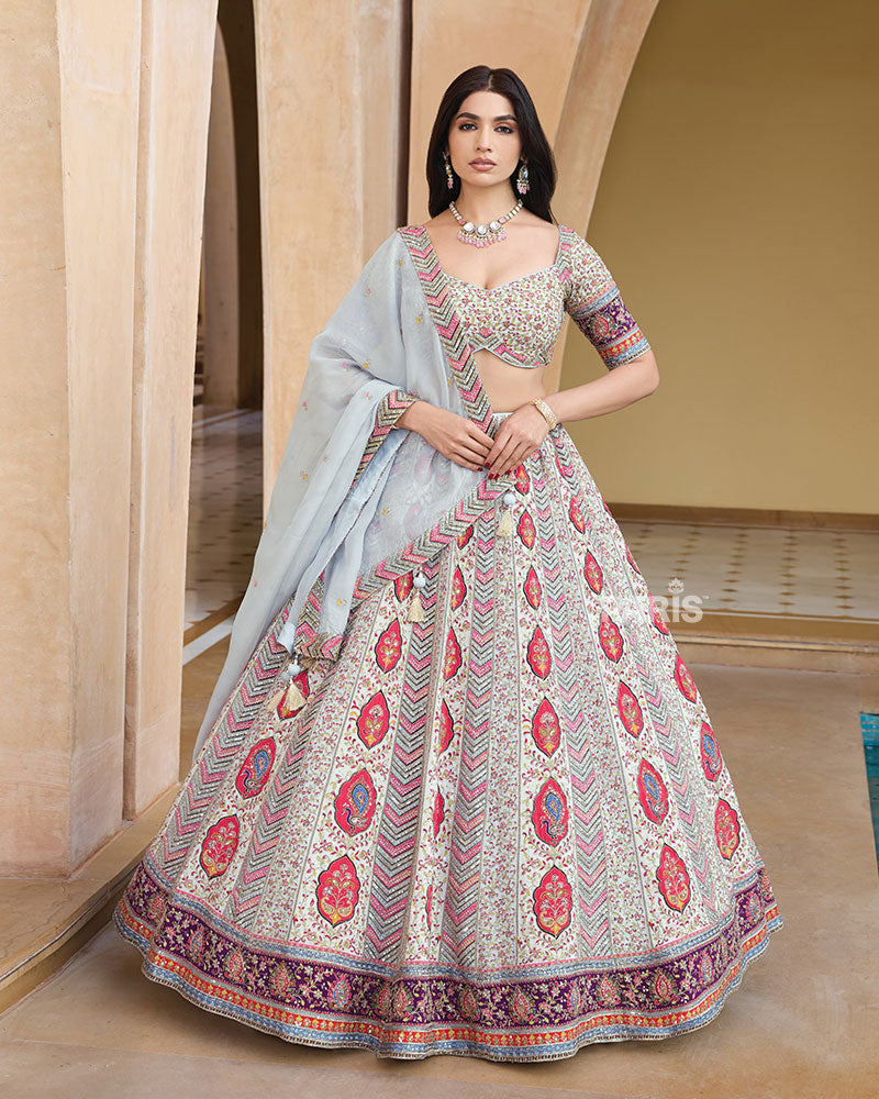 Cream Floral Embroidery Lehenga Choli with Light Gray Dupatta