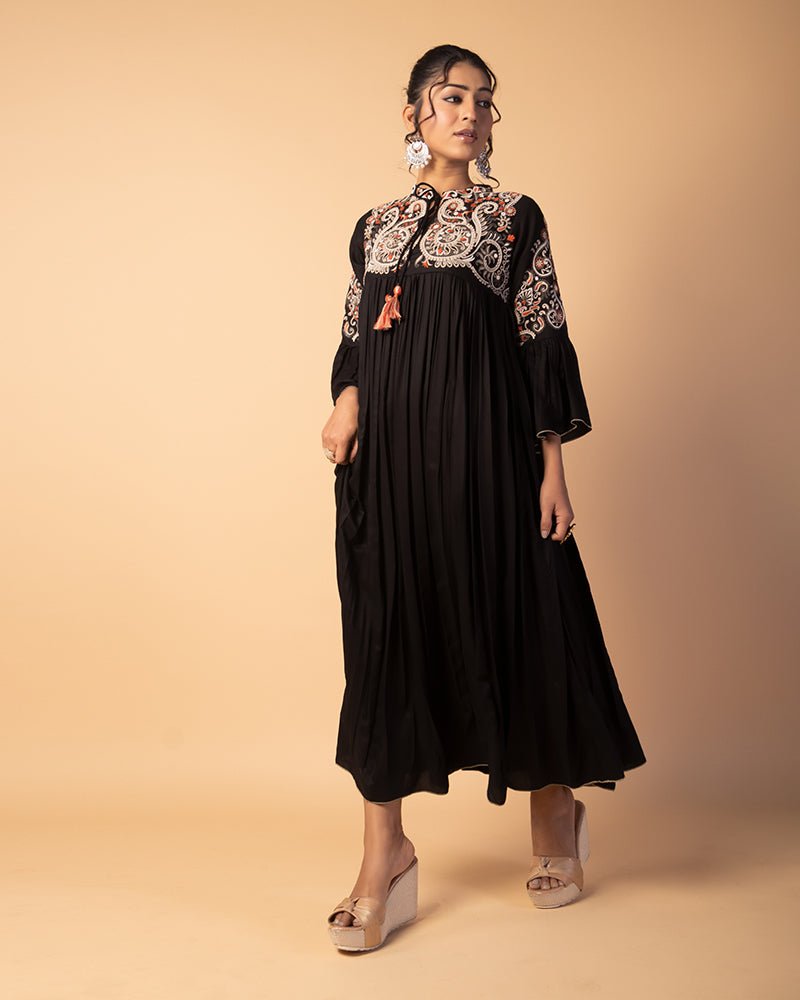Black Floral Embellished Flared Western Dress