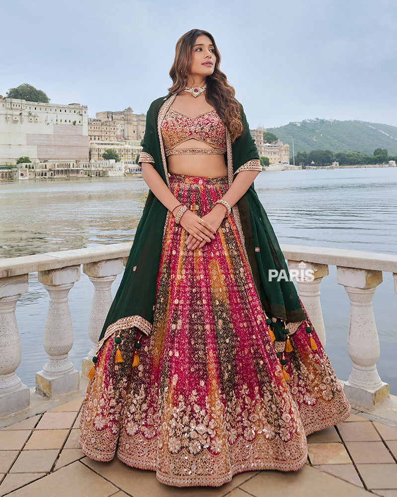 Multi Color Bandhani Print Lehenga Choli with Dark Green Dupatta