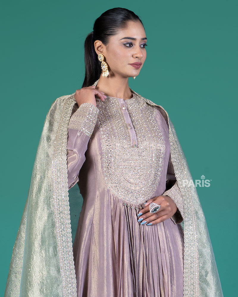 Purple Beaded Embellished Gown with Sage Green Dupatta