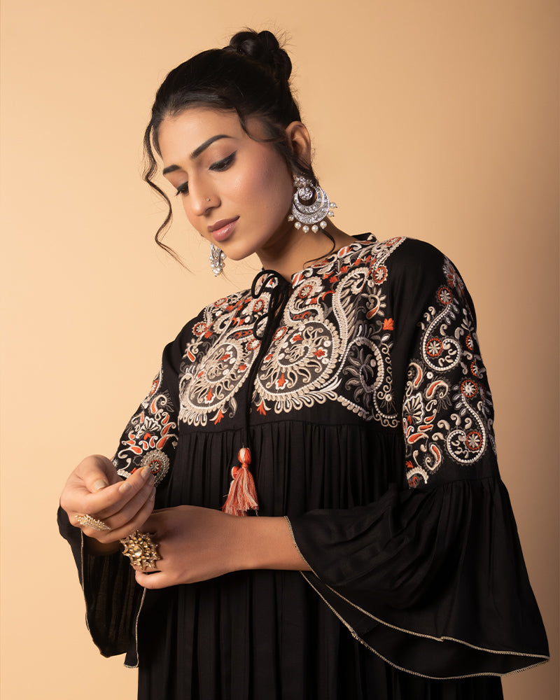 Black Floral Embellished Flared Western Dress