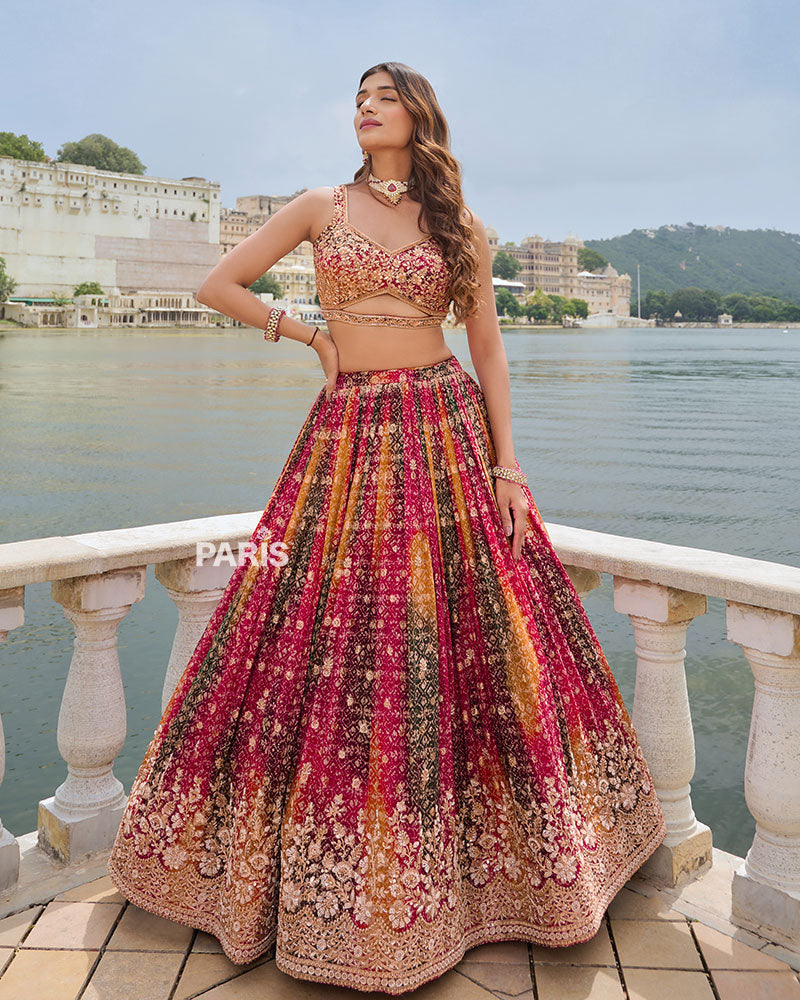 Multi Color Bandhani Print Lehenga Choli with Dark Green Dupatta