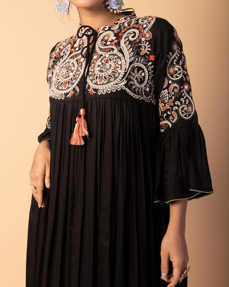 Black Floral Embellished Flared Western Dress