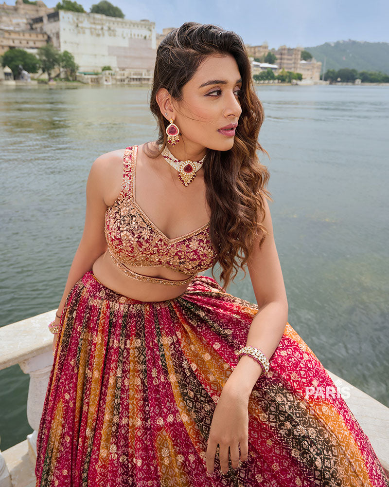 Multi Color Bandhani Print Lehenga Choli with Dark Green Dupatta