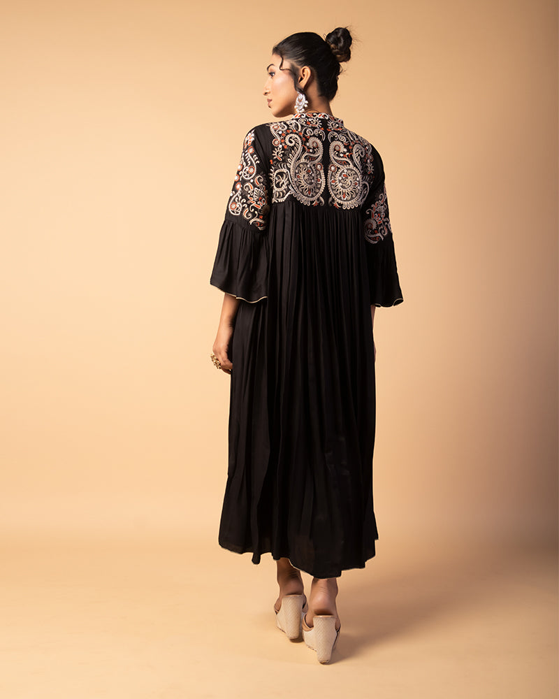 Black Floral Embellished Flared Western Dress