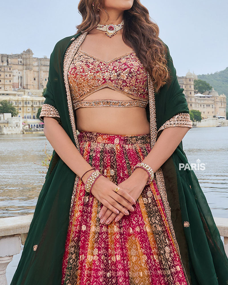 Multi Color Bandhani Print Lehenga Choli with Dark Green Dupatta