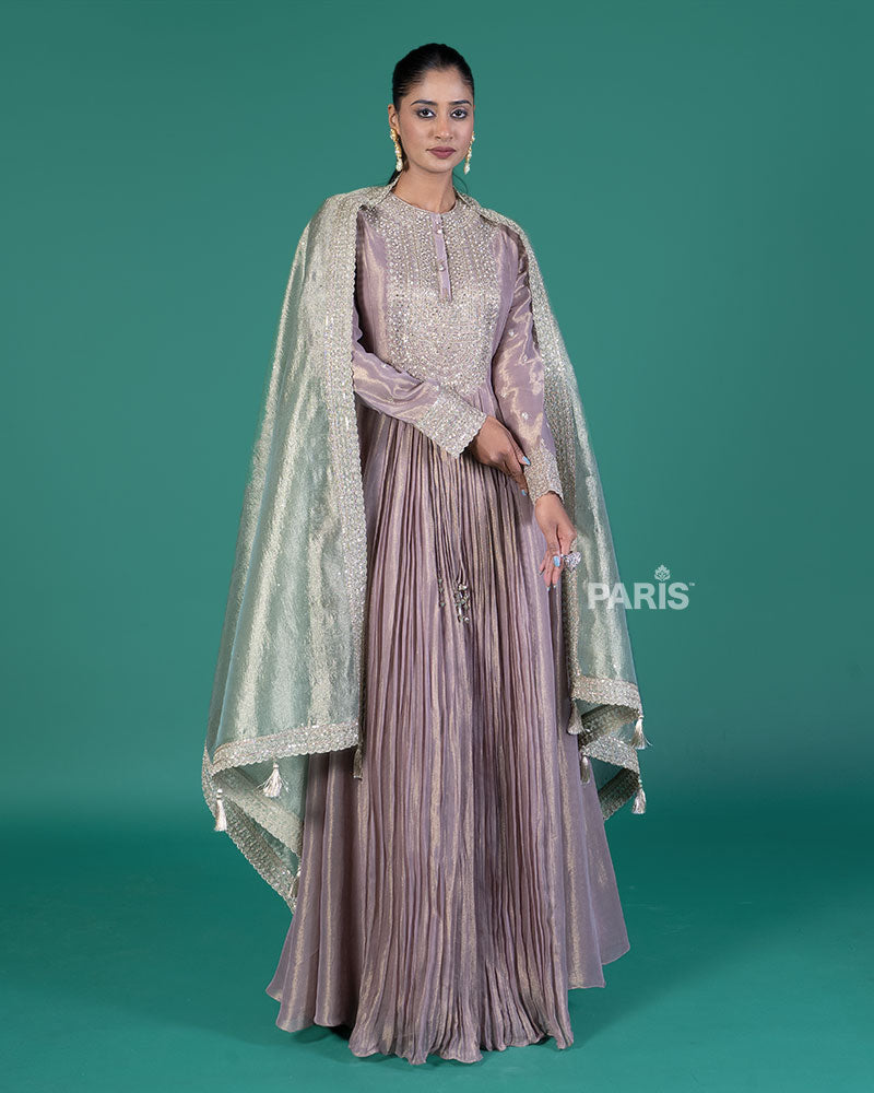 Purple Beaded Embellished Gown with Sage Green Dupatta