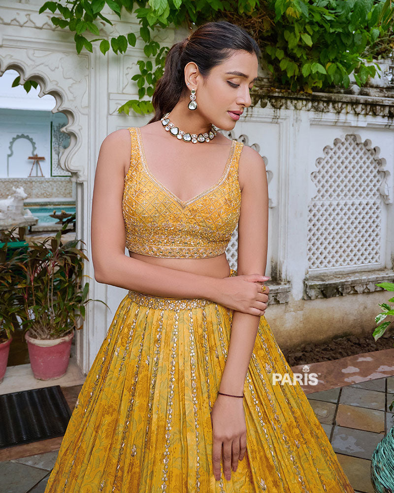 Yellow Lehenga Choli Embellished with Floral print and Sequence Work with Green Dupatta
