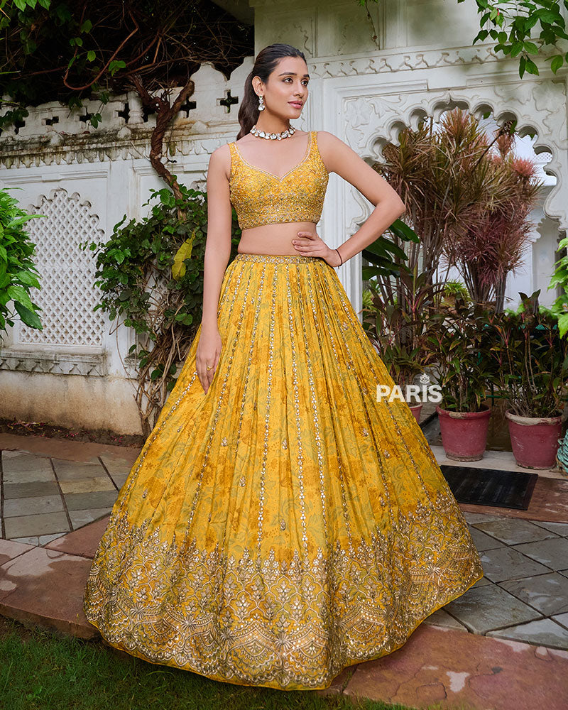 Yellow Lehenga Choli Embellished with Floral print and Sequence Work with Green Dupatta
