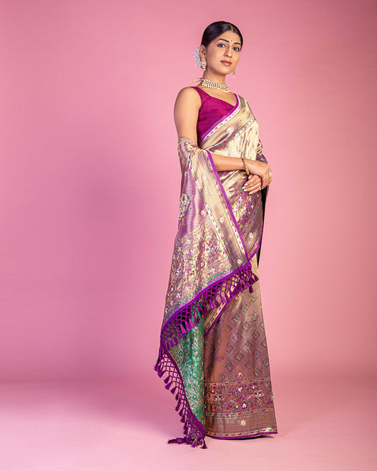 Wine Banarasi Silk Embroidered Saree with Unstitched Blouse