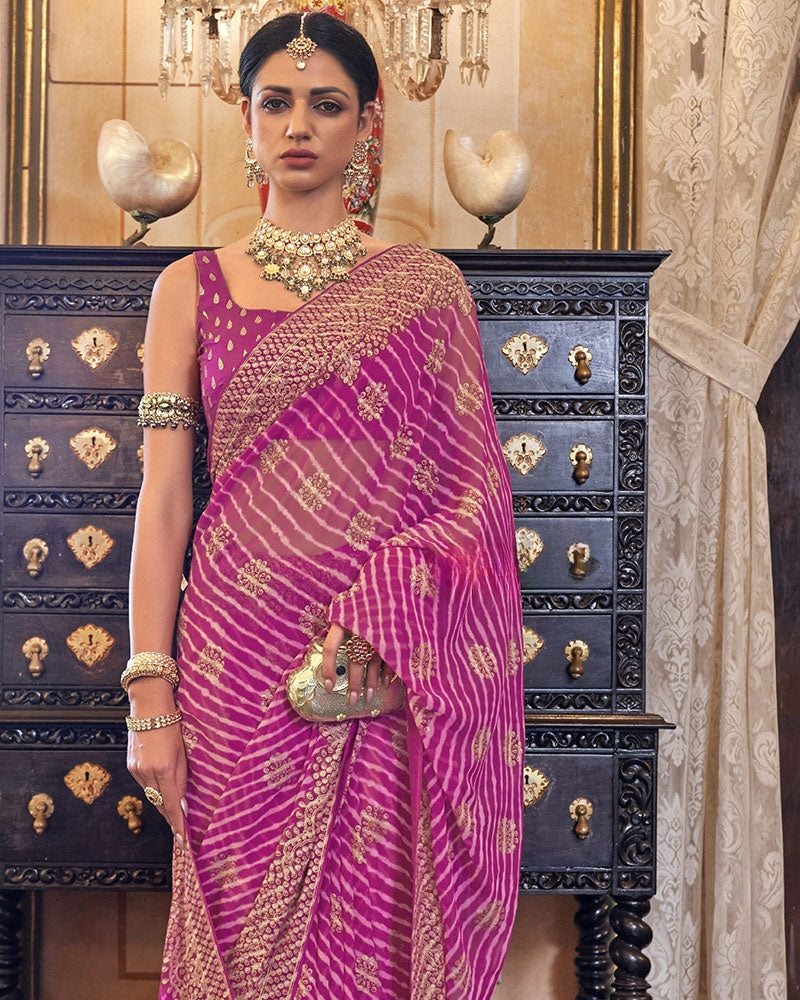 Rani Pink Embellished Leheriya Print Georgette Saree with Unstitched Blouse