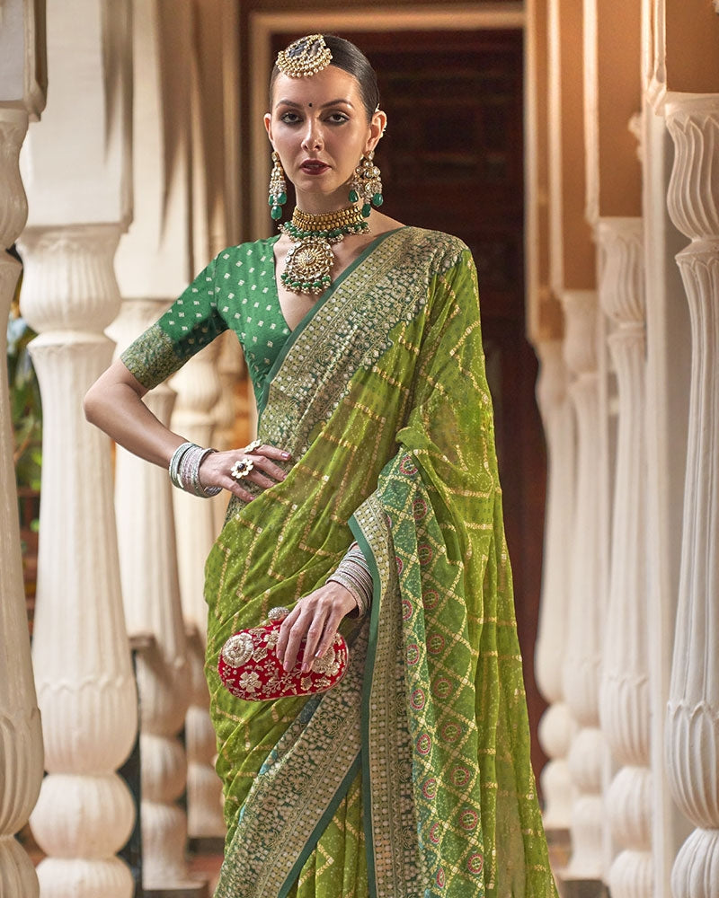 Parrot Green Pure Georgette Embroidered Saree with Unstitched Blouse