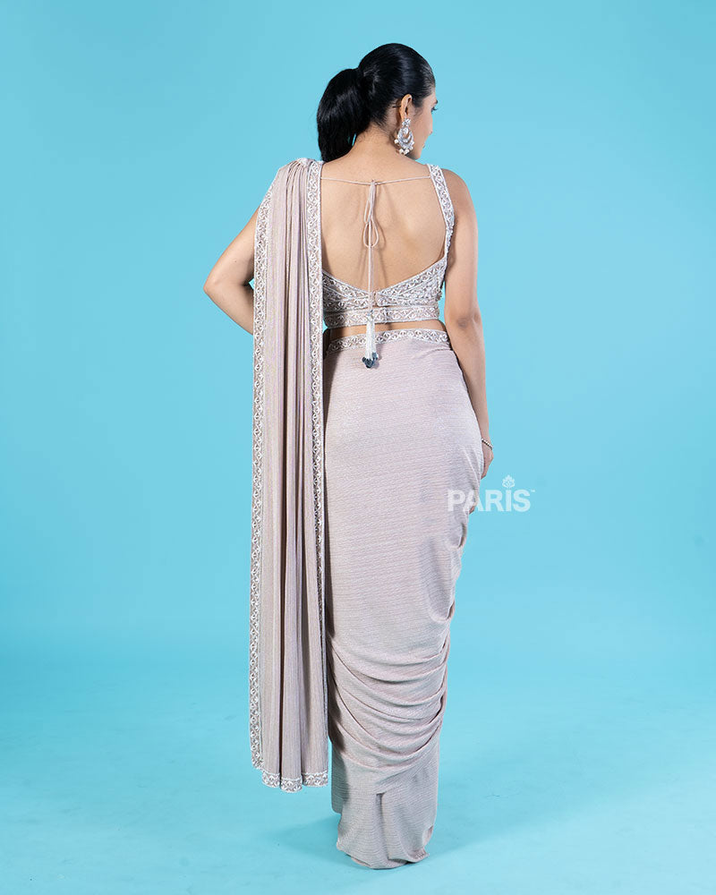 Light Beige Brown Ready-to-Wear Saree with Embellished Blouse and Belt