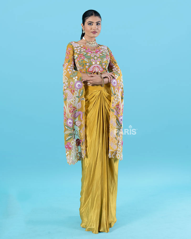 Multi-Colored Embroidered Crop Top with Draped Skirt