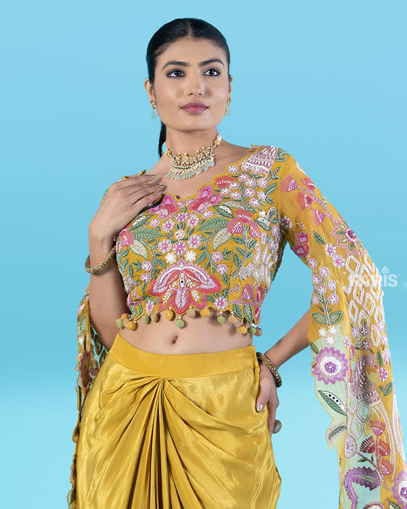 Multi-Colored Embroidered Crop Top with Draped Skirt