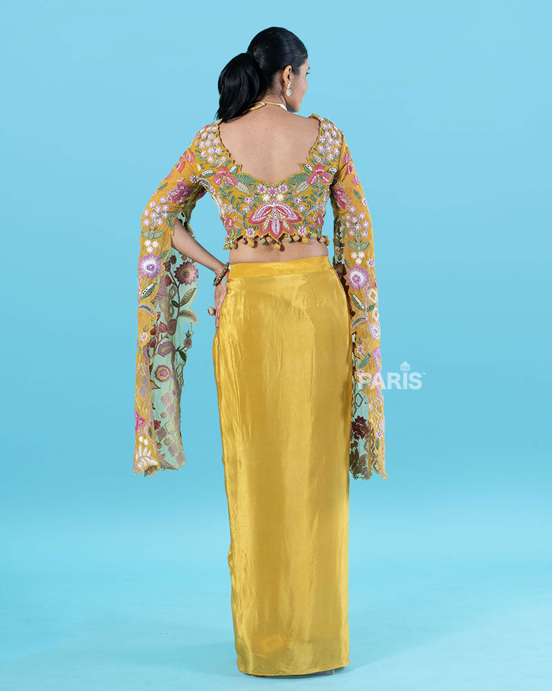 Multi-Colored Embroidered Crop Top with Draped Skirt