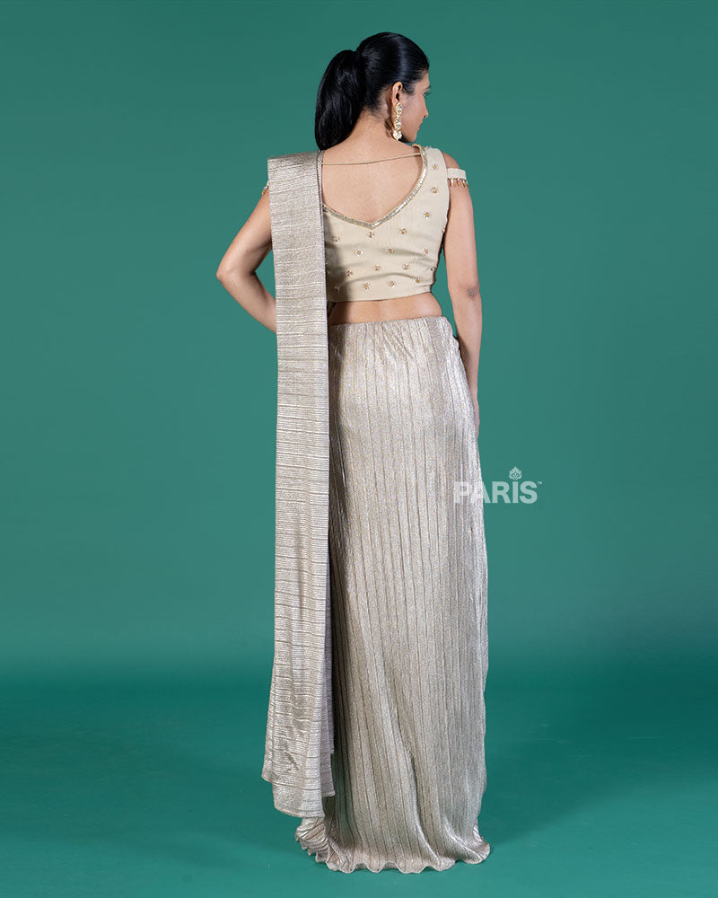 Beige Shimmering Ready to Wear Saree with Golden Embroidered Blouse