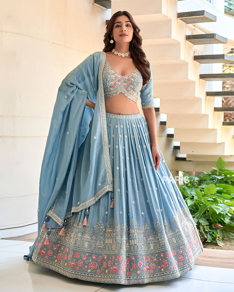 Light Blue Embroidered Lehenga Choli with Dupatta