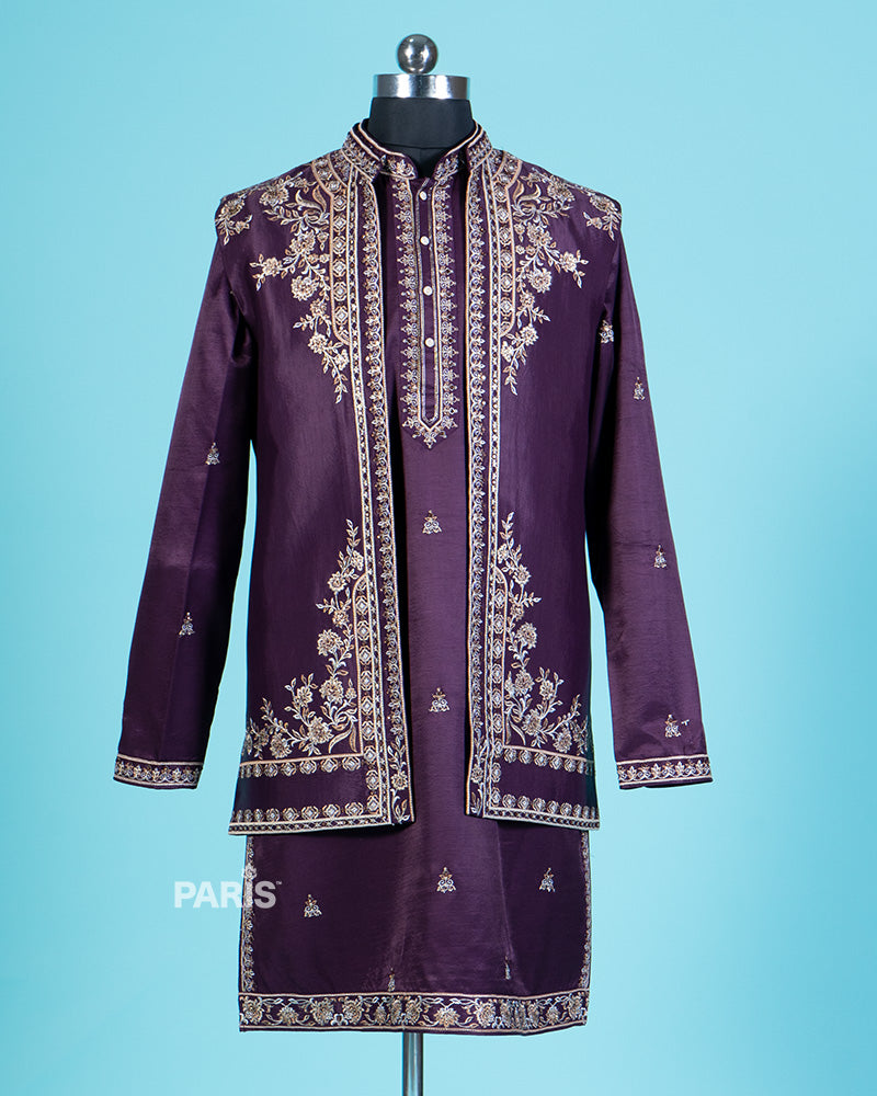Purple Embroidered Kurta Jacket Pajama Set