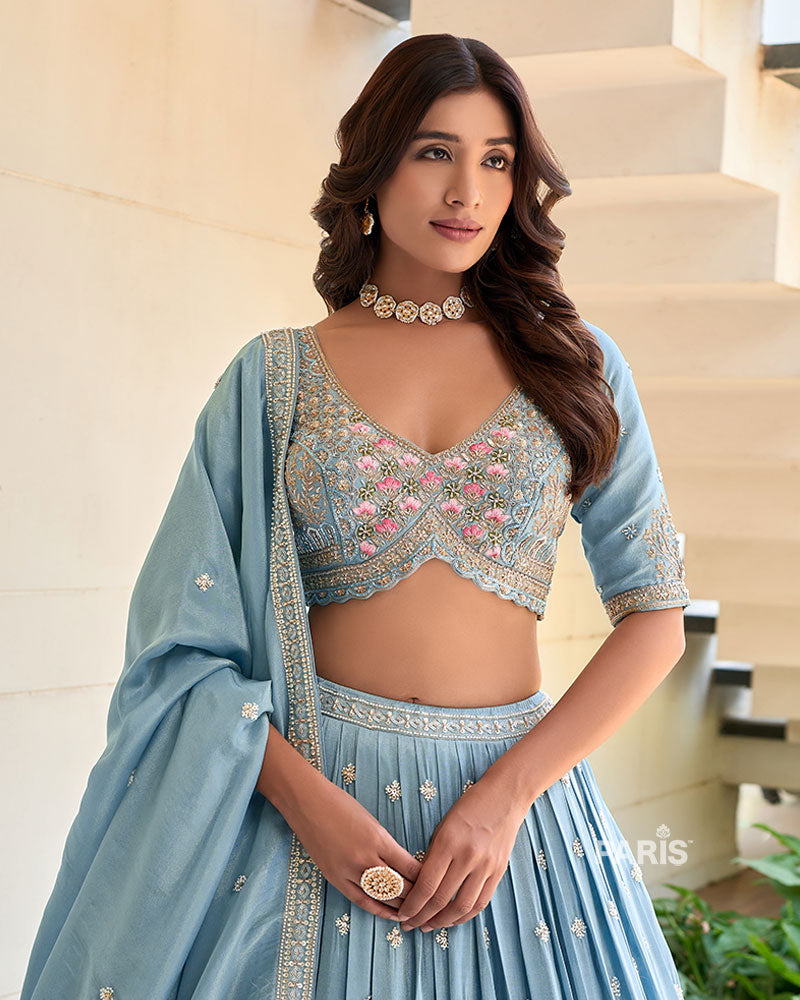 Light Blue Embroidered Lehenga Choli with Dupatta