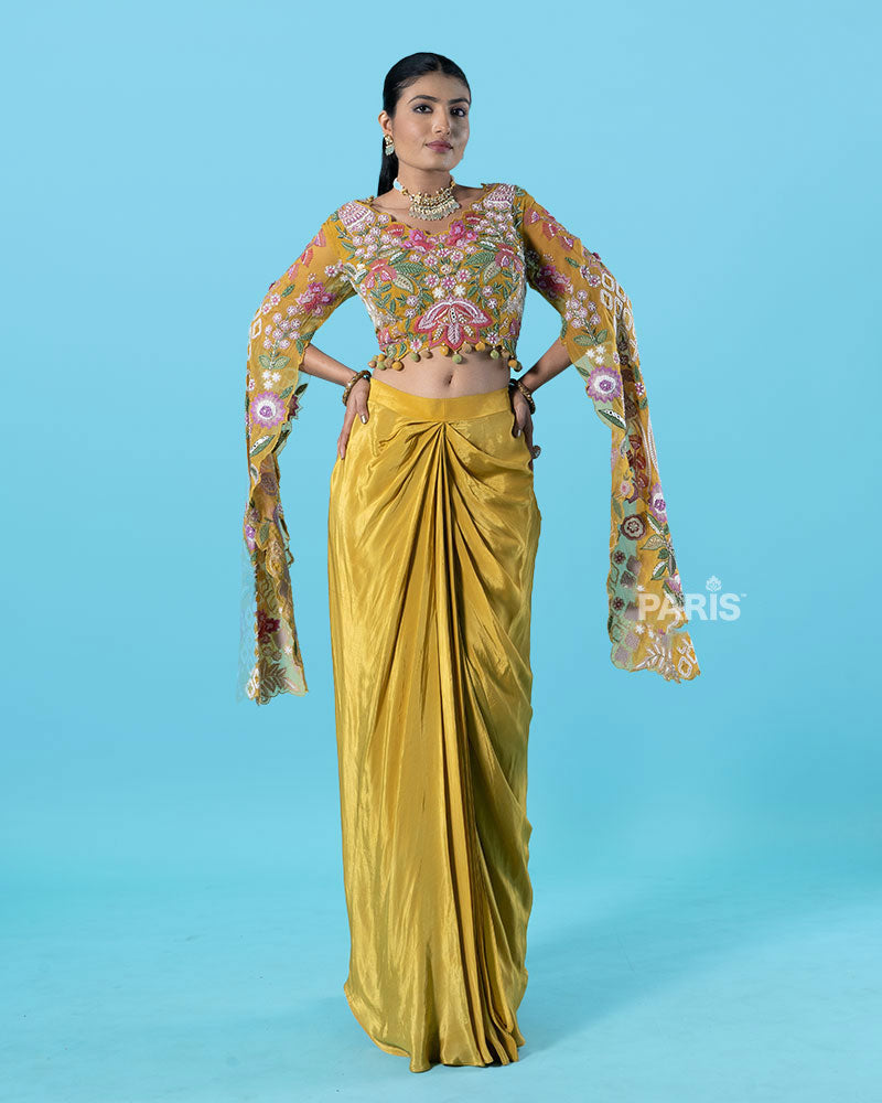 Multi-Colored Embroidered Crop Top with Draped Skirt