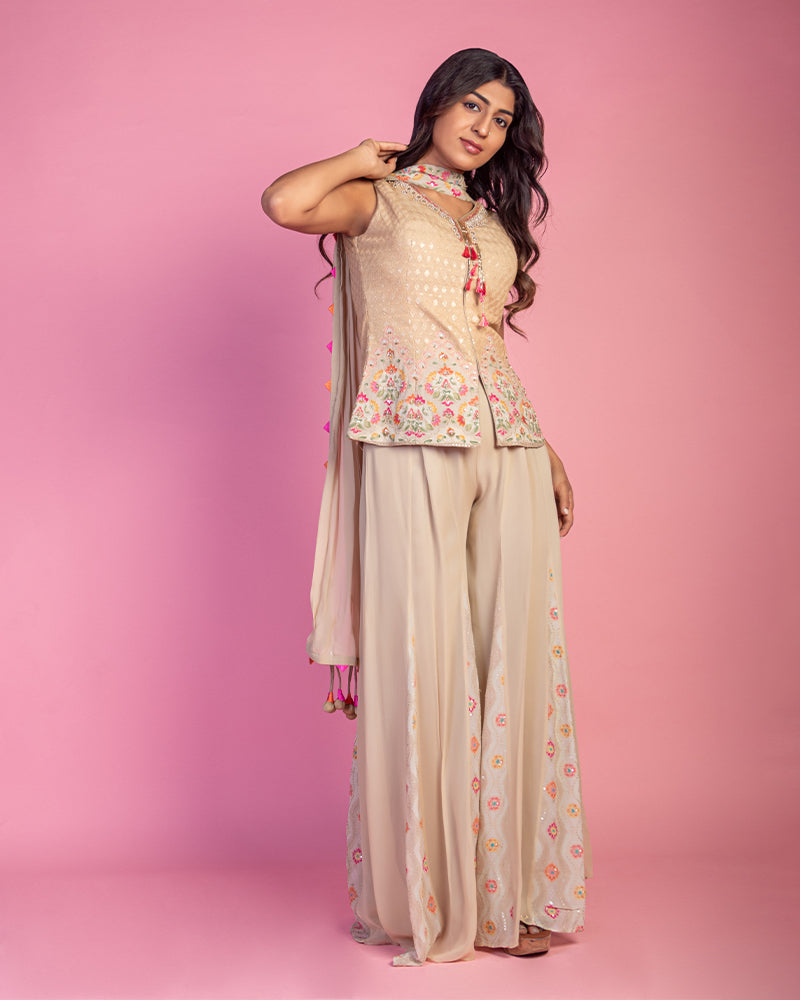 Beige Crop Top with Palazzo and Dupatta in Georgette