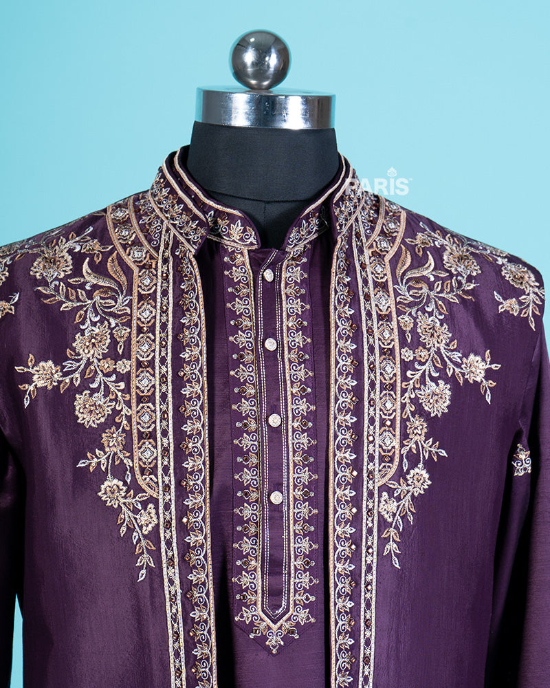 Purple Embroidered Kurta Jacket Pajama Set