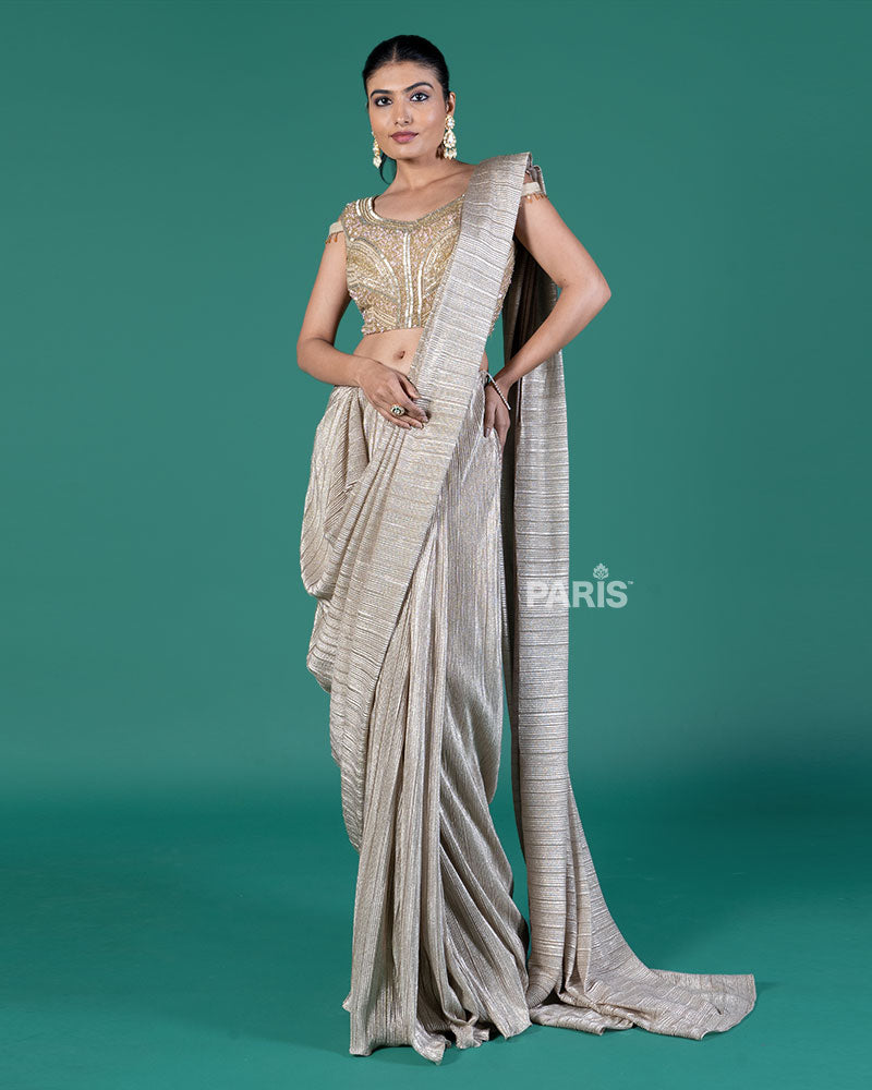Beige Shimmering Ready to Wear Saree with Golden Embroidered Blouse