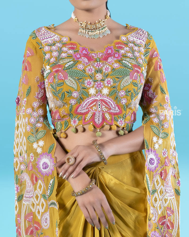 Multi-Colored Embroidered Crop Top with Draped Skirt