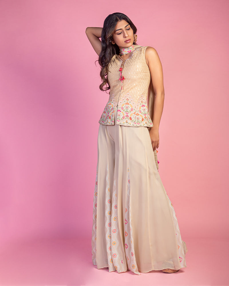 Beige Crop Top with Palazzo and Dupatta in Georgette