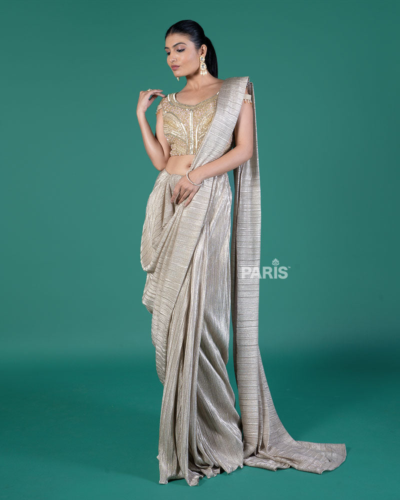 Beige Shimmering Ready to Wear Saree with Golden Embroidered Blouse