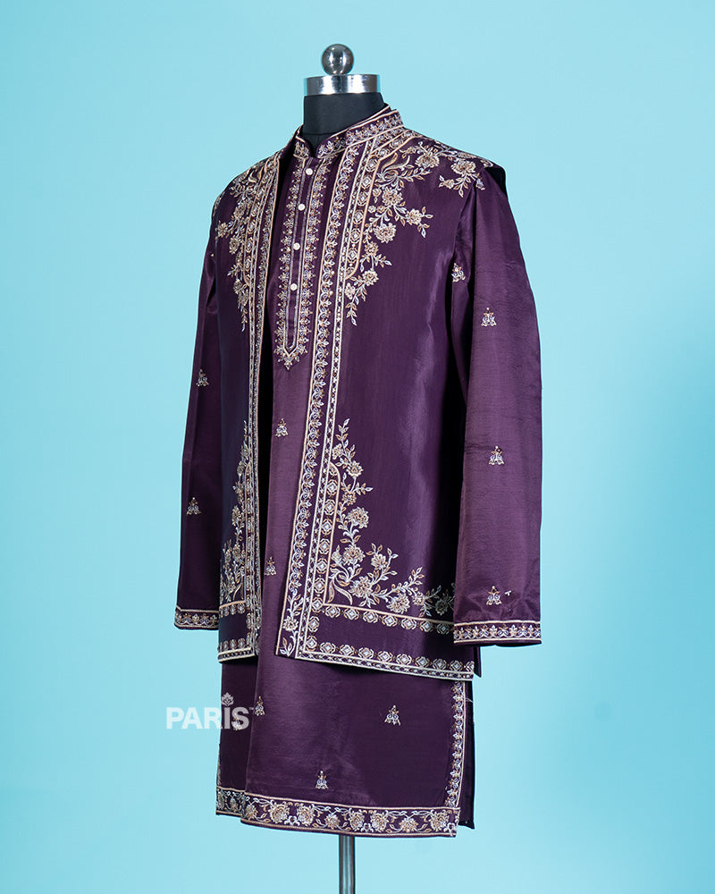 Purple Embroidered Kurta Jacket Pajama Set