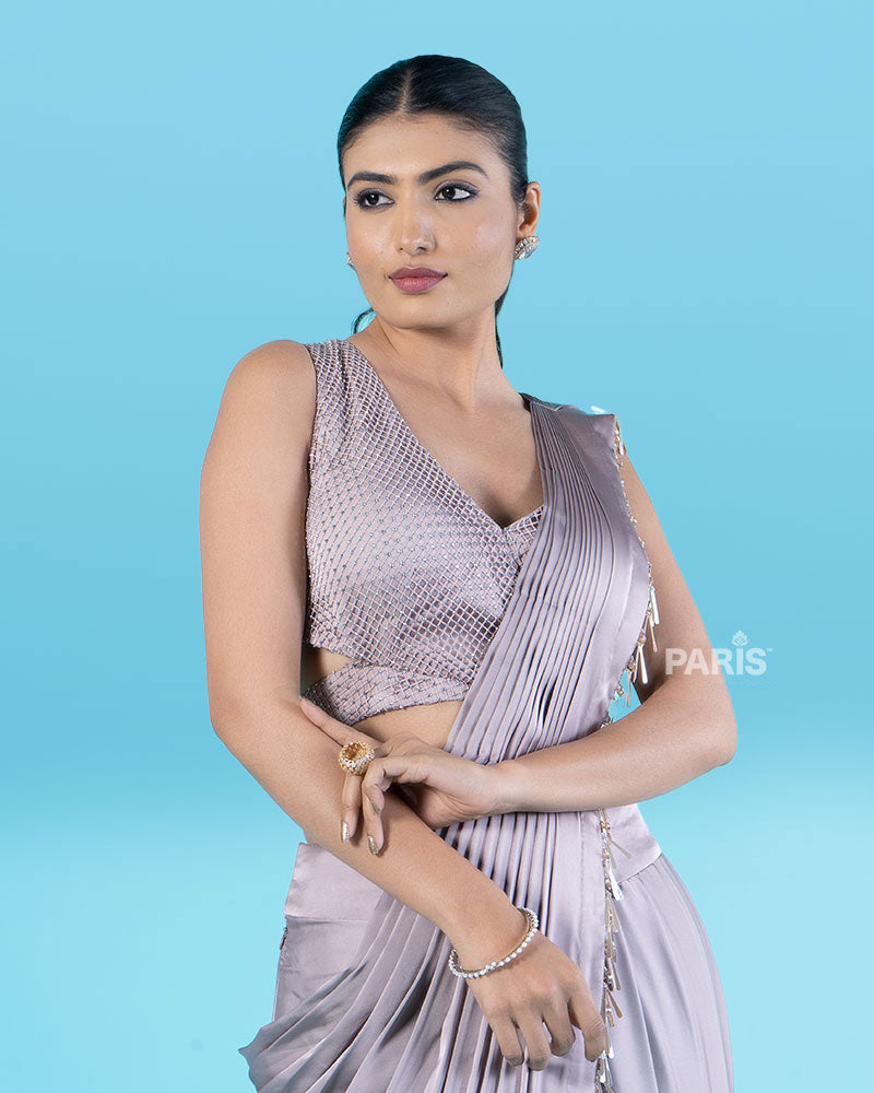 Light Purple Ready-to-Wear Saree with Beaded Fringe Border and Sequined Blouse